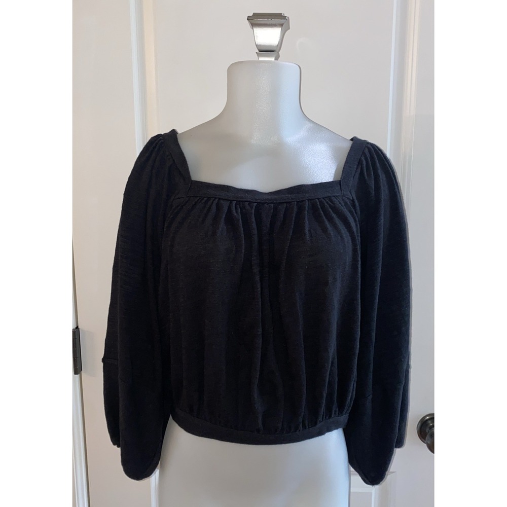 Free People Black Puff Sleeve Crop Size Small Slub Cotton Blend Top